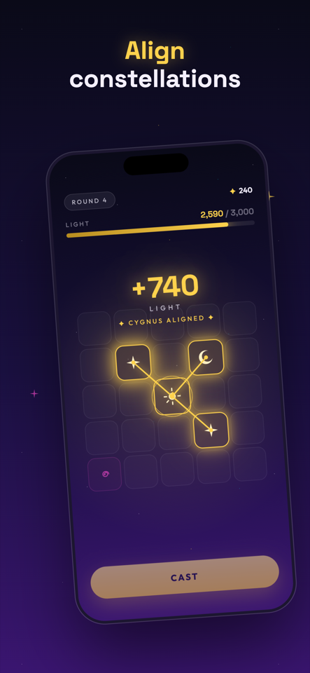 Gameplay — aligning constellations on the 5×5 sky
